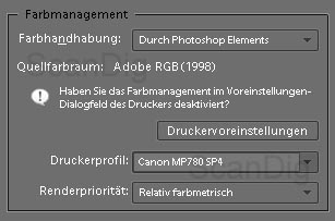 Auswahl eines individuellen Farbprofiles beim Drucken mit Photoshop Elements