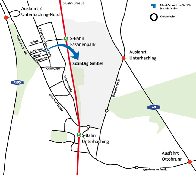 Detailed map Unterhaching: streets, train