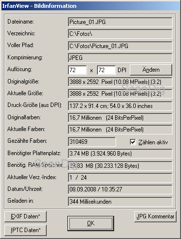 Image information of IrfanView