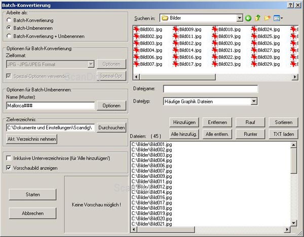'Der Dialog Batchkonvertierung steuert das Umbenennen oder Konvertieren von Dateien im Stapelmodus