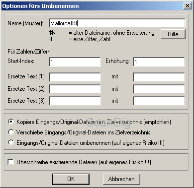 Der Dialog zum automatischen Umbenennen von Dateien