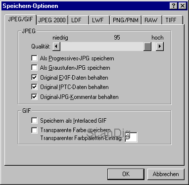 Le dialogue avec les options d'enregistrement pour chaque format d'image