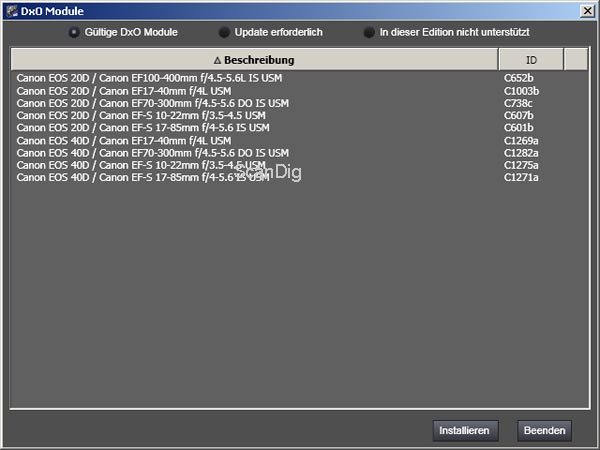 Installierte Module in DxO: Kamera mit 4 Objektiven